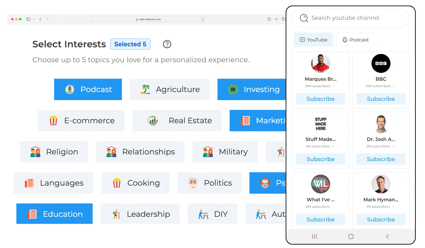Tubeonai interest section & Mobile app channel section