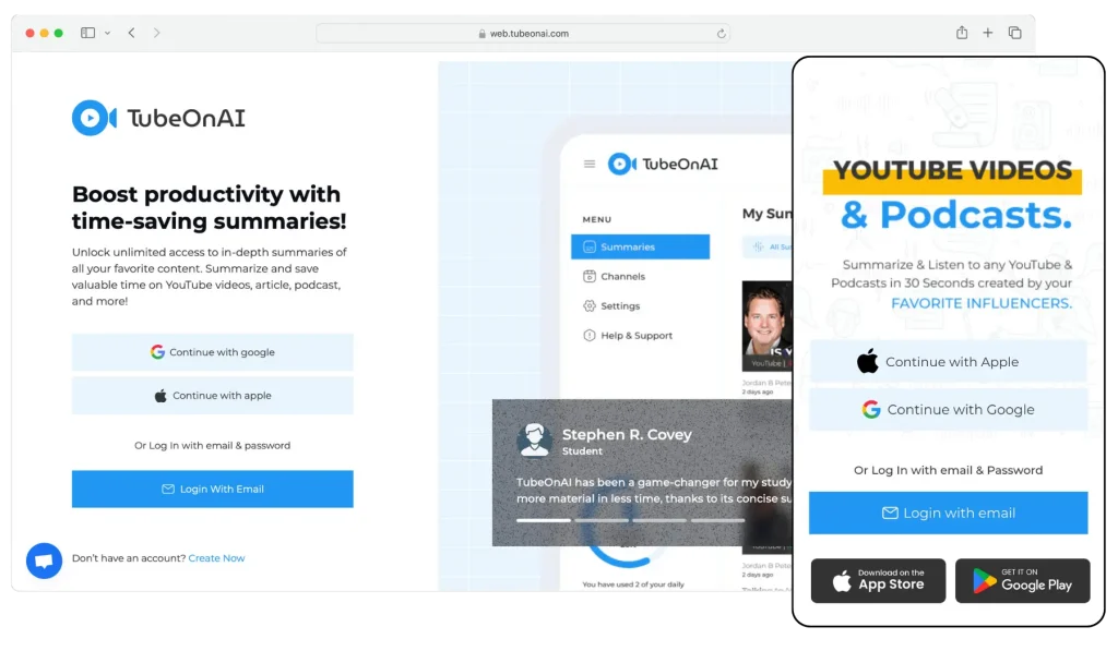 TubeOnAI web & mobile app login page