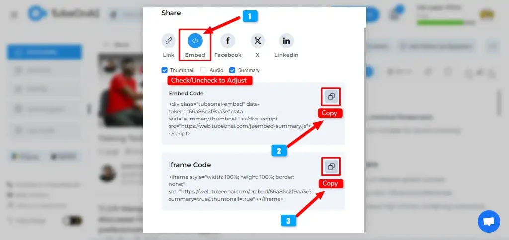 copy embed code and Iframe code from web app