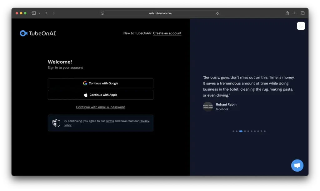 TubeOnAI login screen