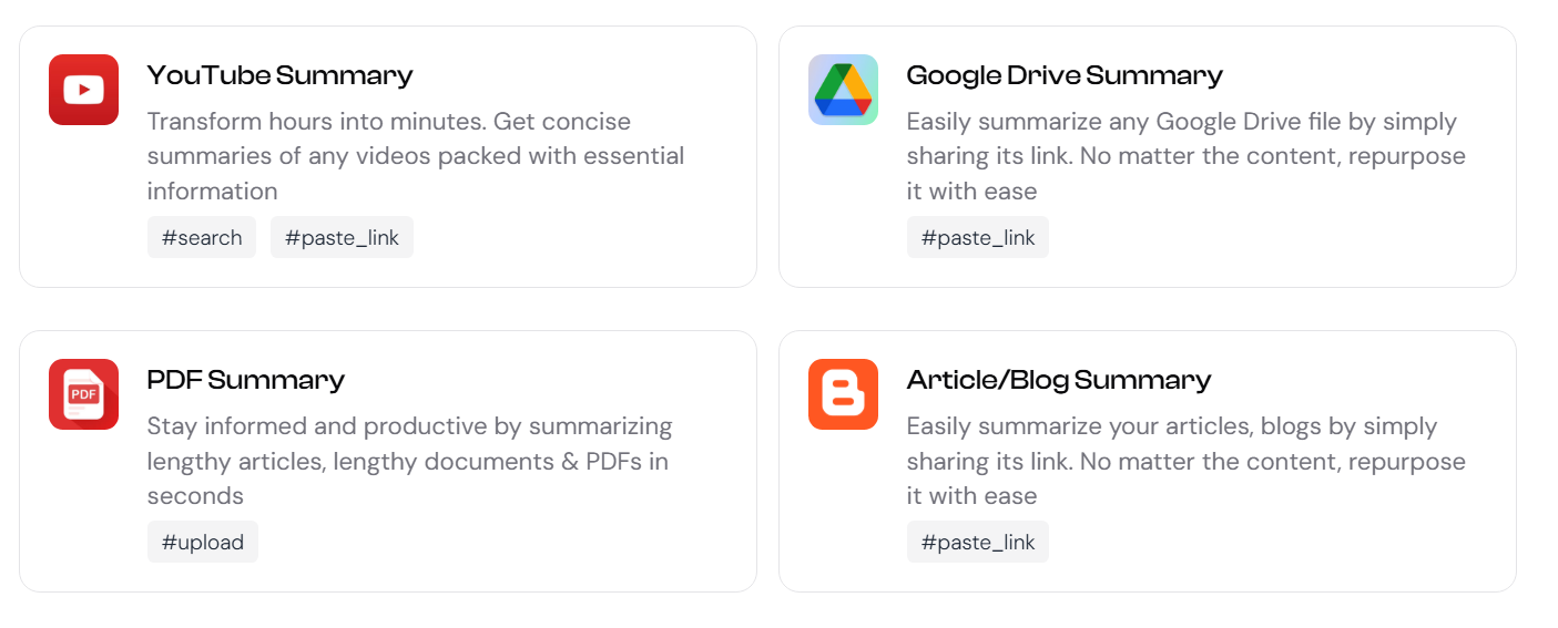 list of tools in TubeOnAI, option for summarizing & transcribing drive files