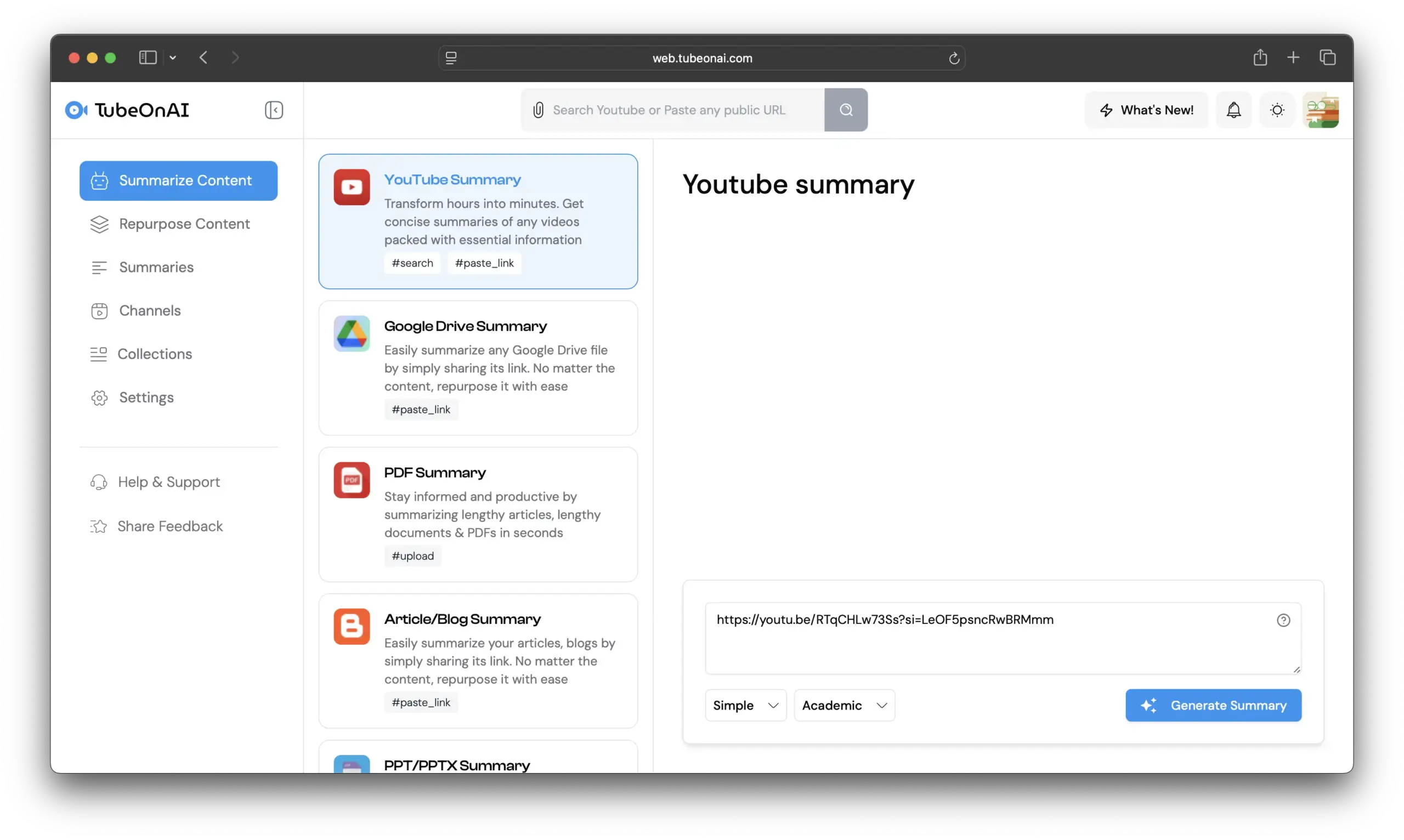 Pasting YouTube video URL to transcribe