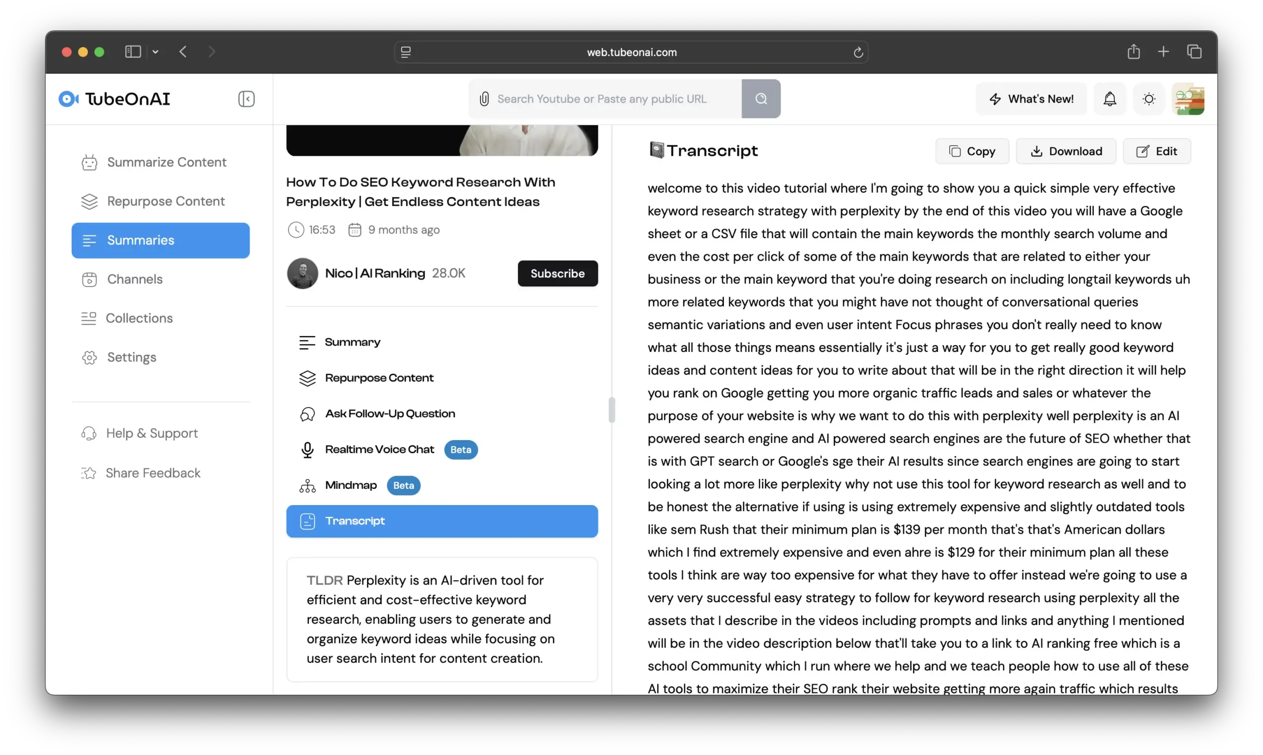 Transcribed the youtube video, option for download