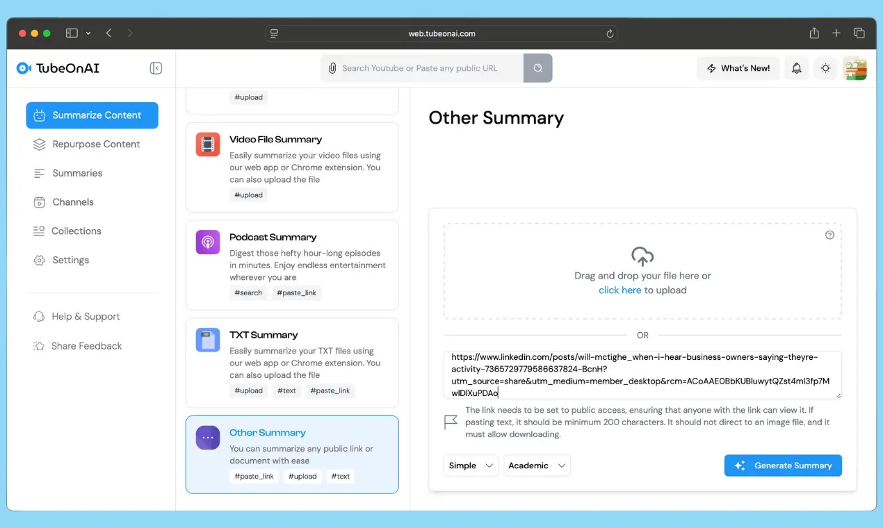 sharing linkedin url to summarize