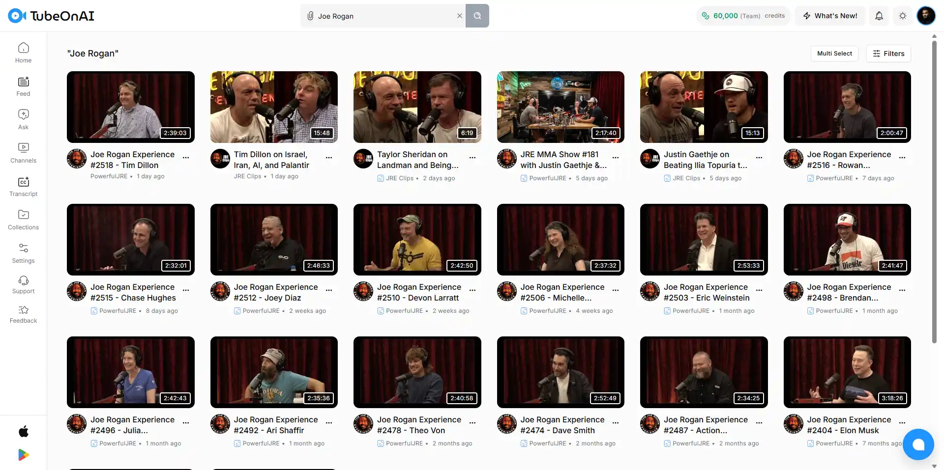 Searching joe rogan on tubeonai