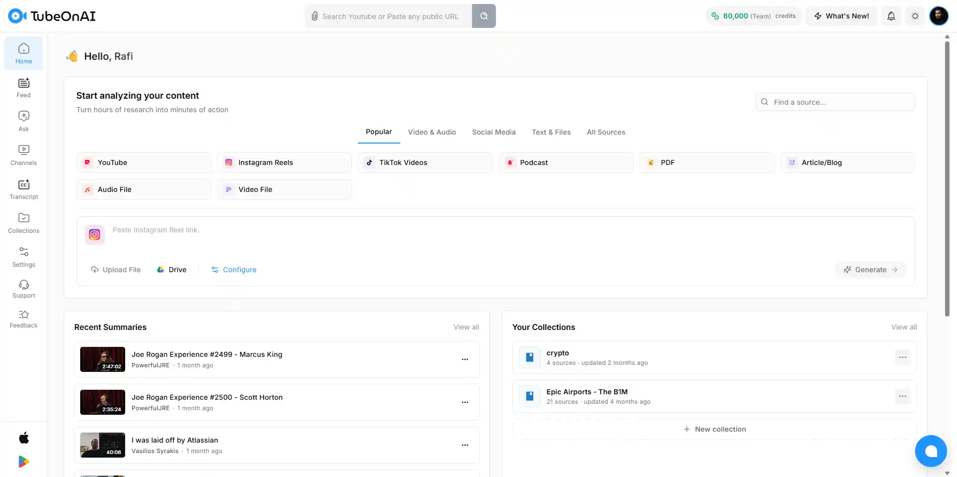 TubeOnAI Web app homepage