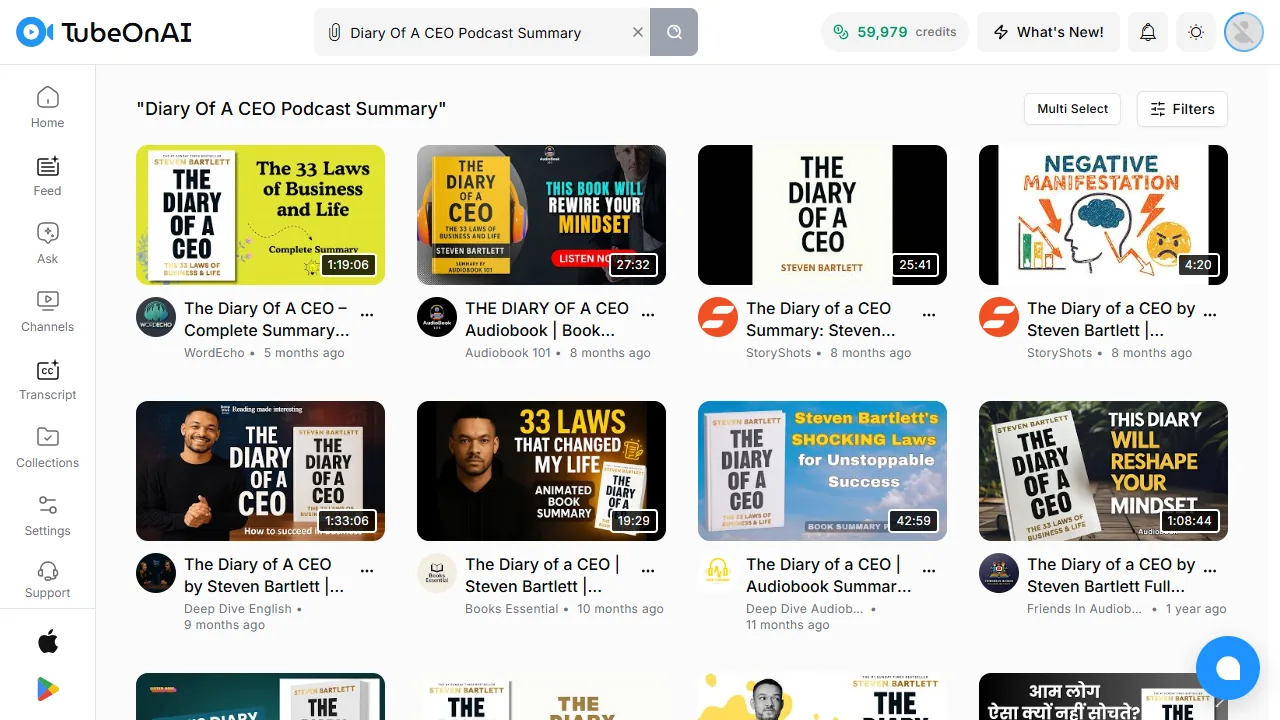 Searching Diary of a CEO podcast summaries on TubeOnAI