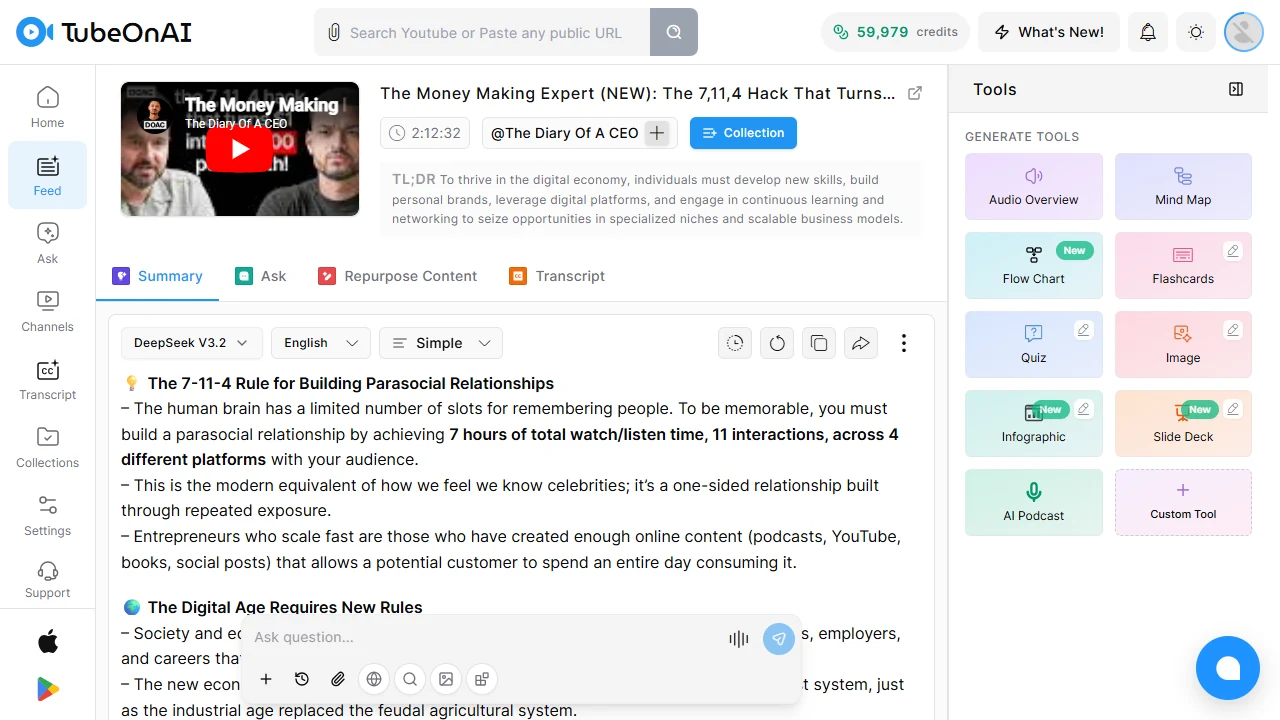 AI summary of Diary of a CEO episode with Daniel Priestley on making money, generated by TubeOnAI