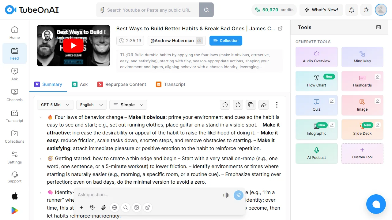 AI summary of Huberman Lab episode with James Clear on building better habits, generated by TubeOnAI