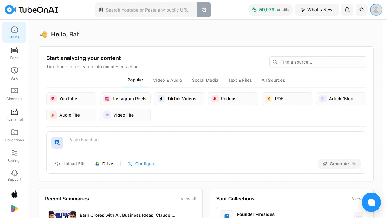 TubeOnAI dashboard for summarizing YouTube videos, podcasts, and audio with AI